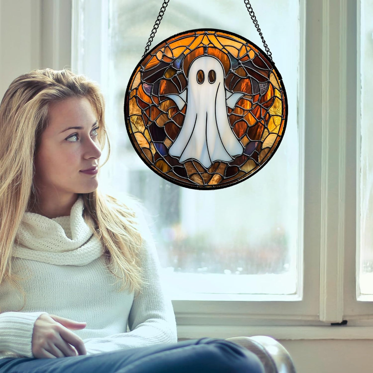 Stained Glass Window Hanging Halloween White Horror Ghost Large 15" - Suncatcher Door Garden