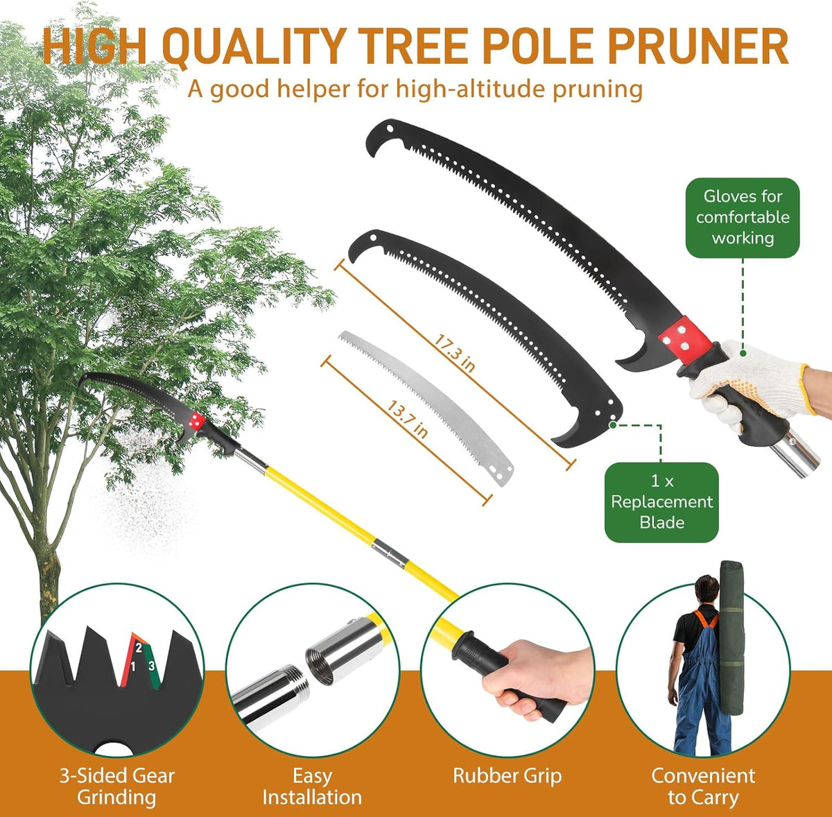 Outvita Manual Pole Saw, 30 Feet Extendable Tree Pruner with Knives and Storage Pocket, Sharp Steel