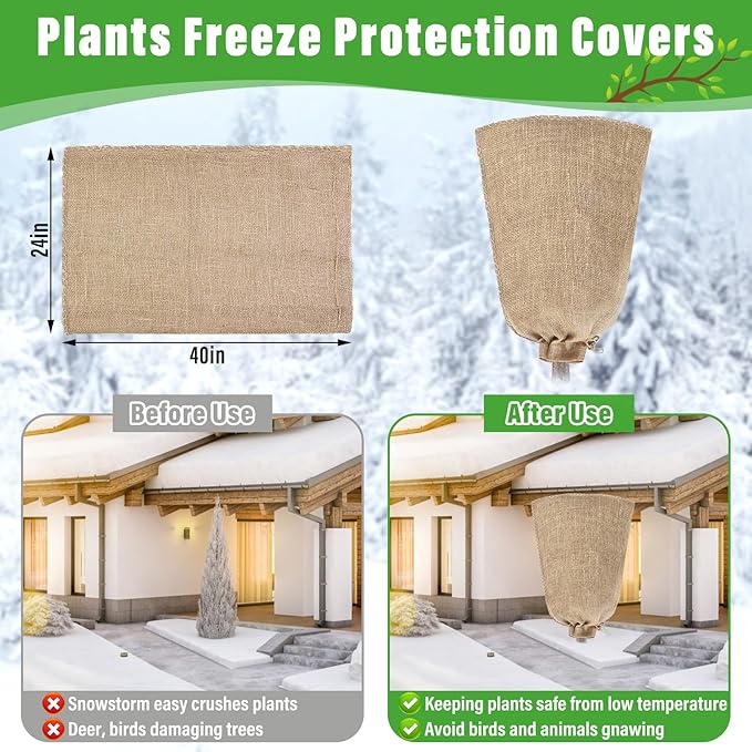 Riare 4 Packs 24 × 40 Inch Burlap Winter Plant Cover Bags with Drawstring- Reusable Large Burlap