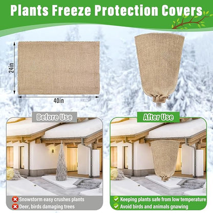 Riare 4 Packs 24 × 40 Inch Burlap Winter Plant Cover Bags with Drawstring- Reusable Large Burlap
