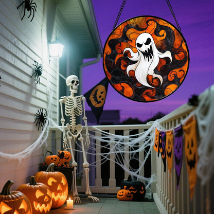 Stained Glass Window Hanging - Halloween White Ghost Suncatcher for Doors Window Garden Indoor