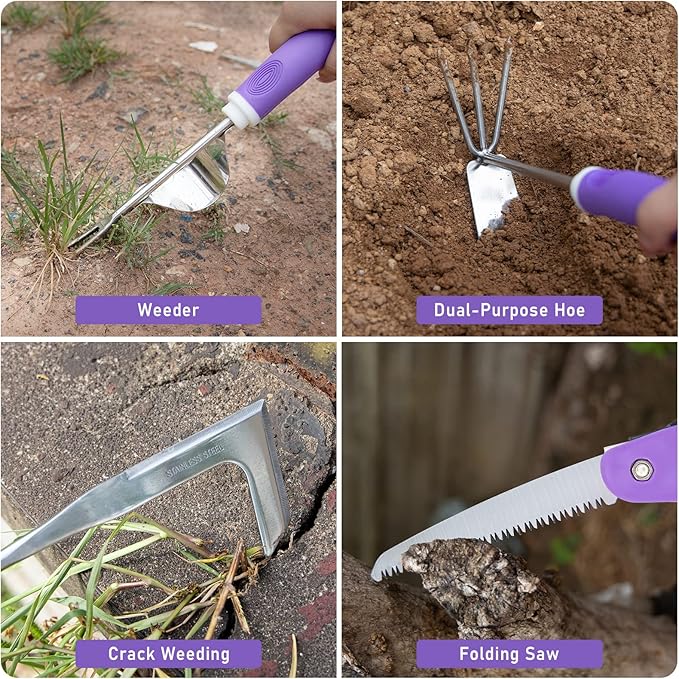 Purple Garden Tool Set Gardening Items for Women - 11PCS Heavy Duty Garden Tools with Detachable