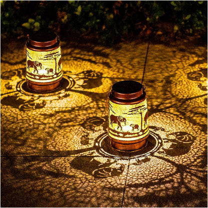 2 Pack Elephant Outdoor Solar Hanging Lanterns Waterproof LED Solar Lights Metal Decorative