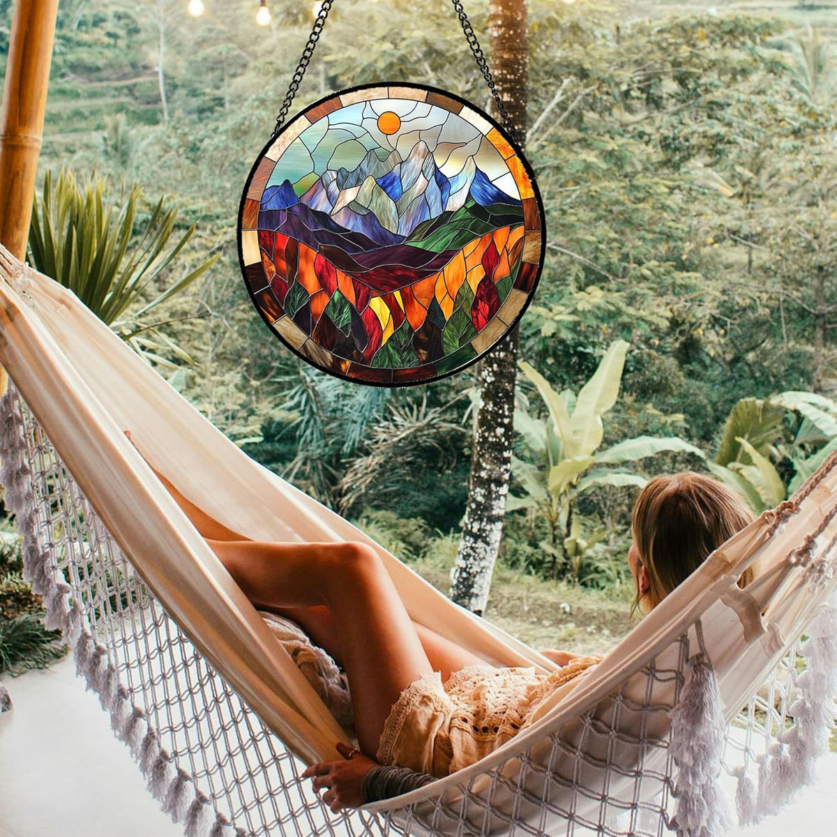 Stained Glass Window Hanging Orange Sun Colorful Mountains Landscape Large 11.8" - Suncatcher Door