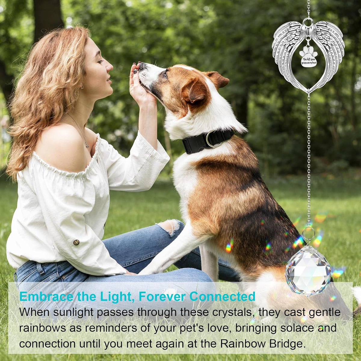 Pet Memorial Gifts for Loss of Dog or Cat, Crystal Suncatcher with Rainbow Light Effect and Angel