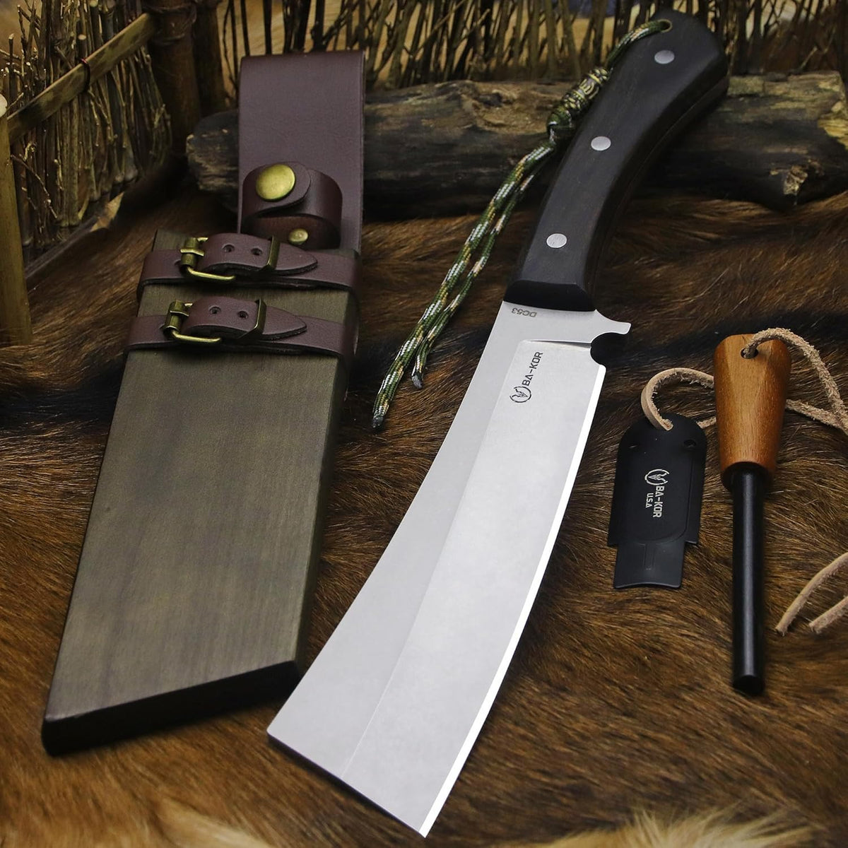 BA-KOR (Pioneer ) (14.6") DC53 steel 6mm thickened full Tang fixed knife+ Wooden sheath &(5.9IN)