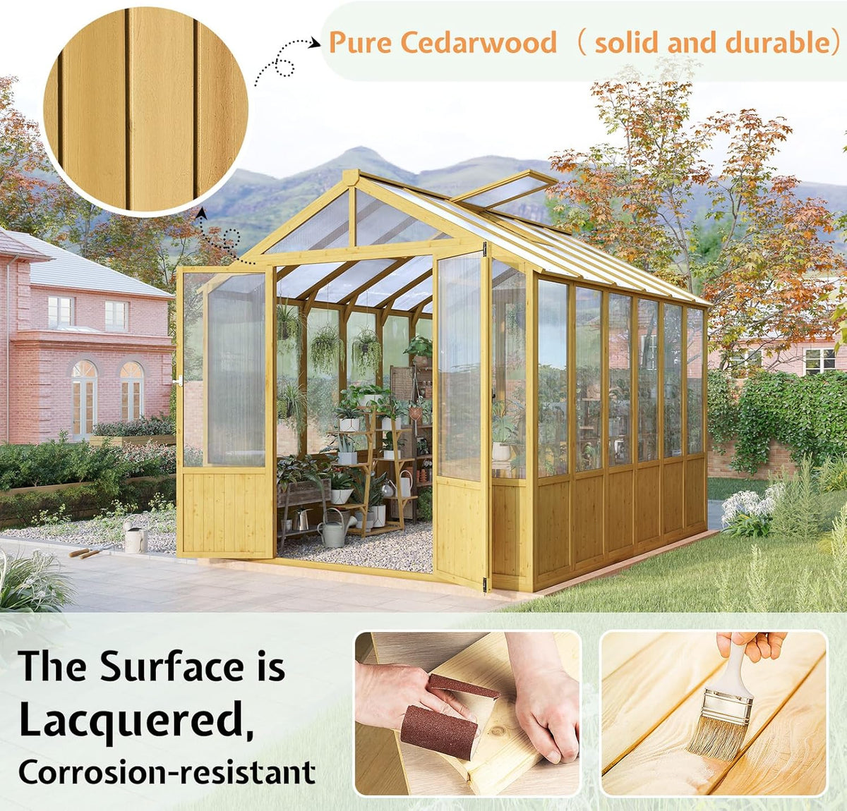 Jocisland 8x9.5x7.5 Ft Wooden Greenhouse, Pre-Assembled Solid Cedar Frame, Walk-in Design, Lockable