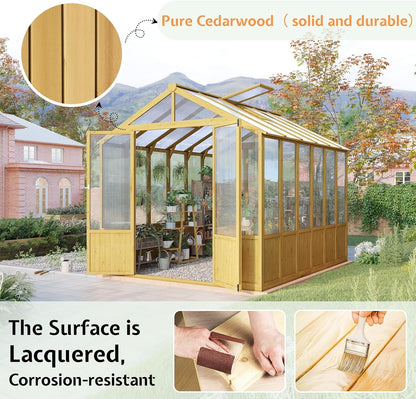 Jocisland 8x9.5x7.5 Ft Wooden Greenhouse, Pre-Assembled Solid Cedar Frame, Walk-in Design, Lockable