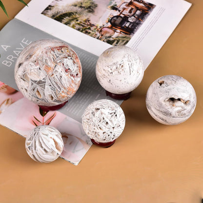 JIC Gem Mexican White Agate Crystal Ball with Wooden Stand White Healing Crystal Sphere Ball for
