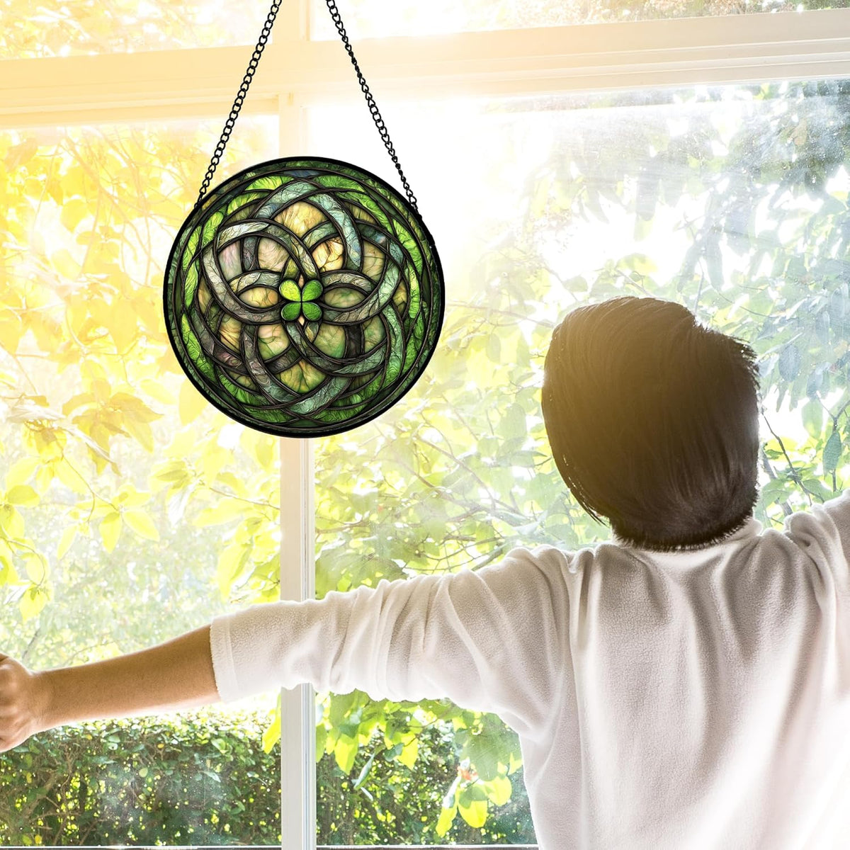 Stained Glass Window Hanging, Abstract Green Clover Sun Catchers Colorful Glass Panel Bless