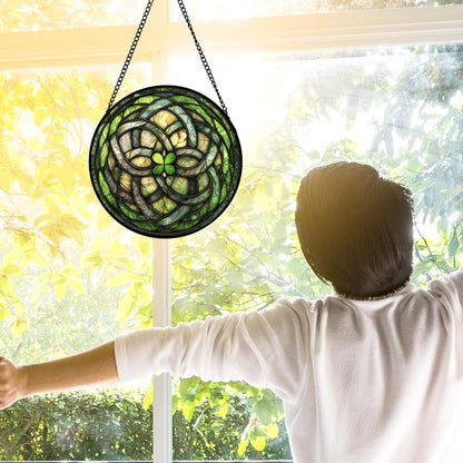 Stained Glass Window Hanging, Abstract Green Clover Sun Catchers Colorful Glass Panel Bless