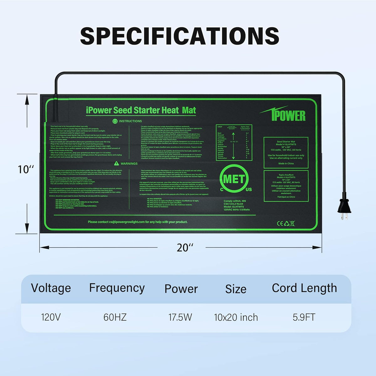 iPower 10" x 20" Waterproof Durable Seedling Heat Mat Warm Hydroponic Plant for Indoor Gardening
