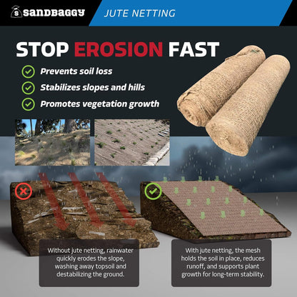 Sandbaggy Jute Netting Roll, 4 ft x 225ft - Biodegradable Erosion Control Blanket for Slopes, Hills