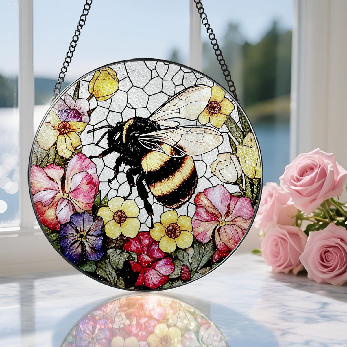 Stained Glass Window Hanging, 8 Inch Bee Stained Glass Ornament, Suncatchers for Windows Hanging