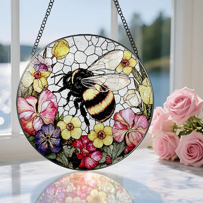 Stained Glass Window Hanging, 8 Inch Bee Stained Glass Ornament, Suncatchers for Windows Hanging