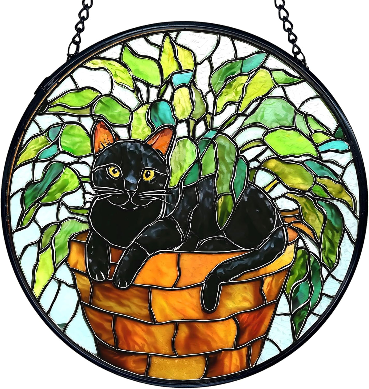 TNUW Black Cat Plant Stained Glass Window Hanging, Black Cat Botanical Sun Catchers Indoor Window