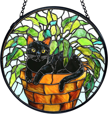 TNUW Black Cat Plant Stained Glass Window Hanging, Black Cat Botanical Sun Catchers Indoor Window