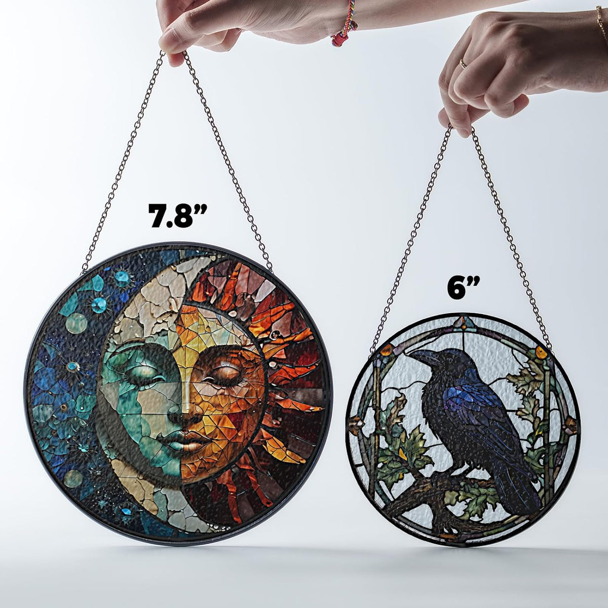 7.8" Sun and Moon Stained Glass Suncatchers Art Glass Celestial for Sun Catcher Indoor Window Gifts