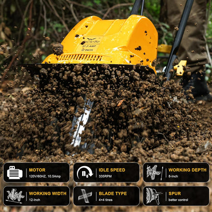 Garden Rototiller 12-Inch 10.5-Amp Corded Electric Tiller/Cultivator, Adjustable Wheels, 8-Inch