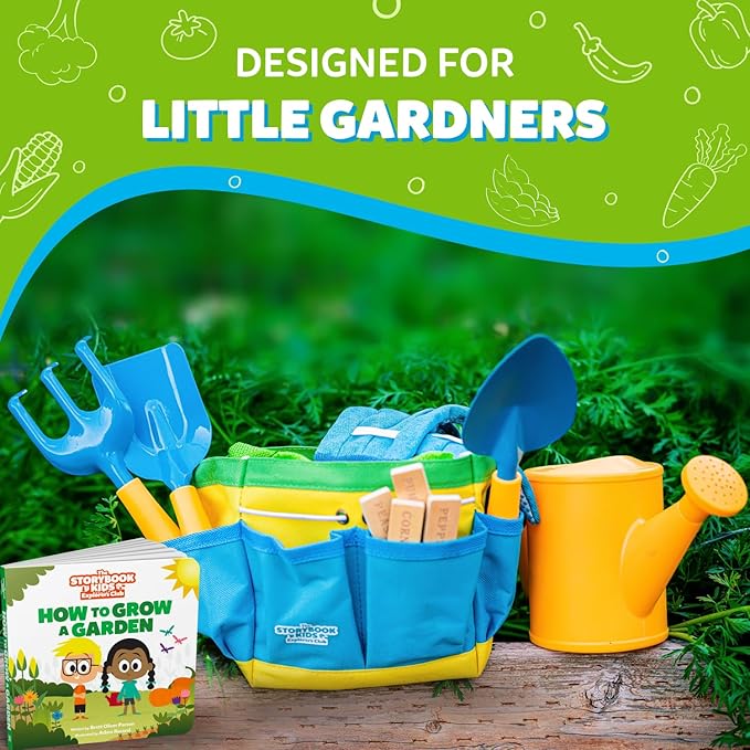 Blue Kids Gardening Tools - Includes Sturdy Tote Bag, Watering Can, Gloves, Shovels, Rake, and