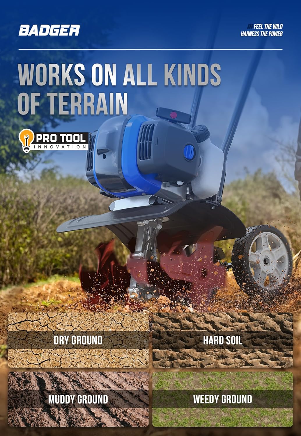 WILD BADGER POWER Garden Tiller 53cc Mini Cultivator 15 inch Powerful Liftable Booster Rod Tilling