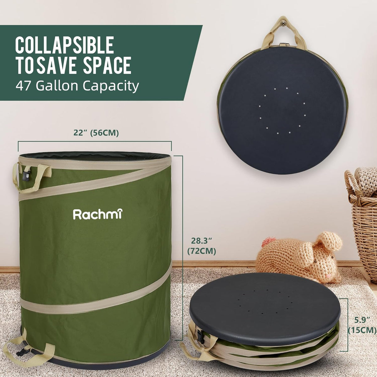 Rachmi 47 Gallon Collapsible Trash Can 2-Pack with Hard Bottom | Extra Large Reusable Yard Leaf