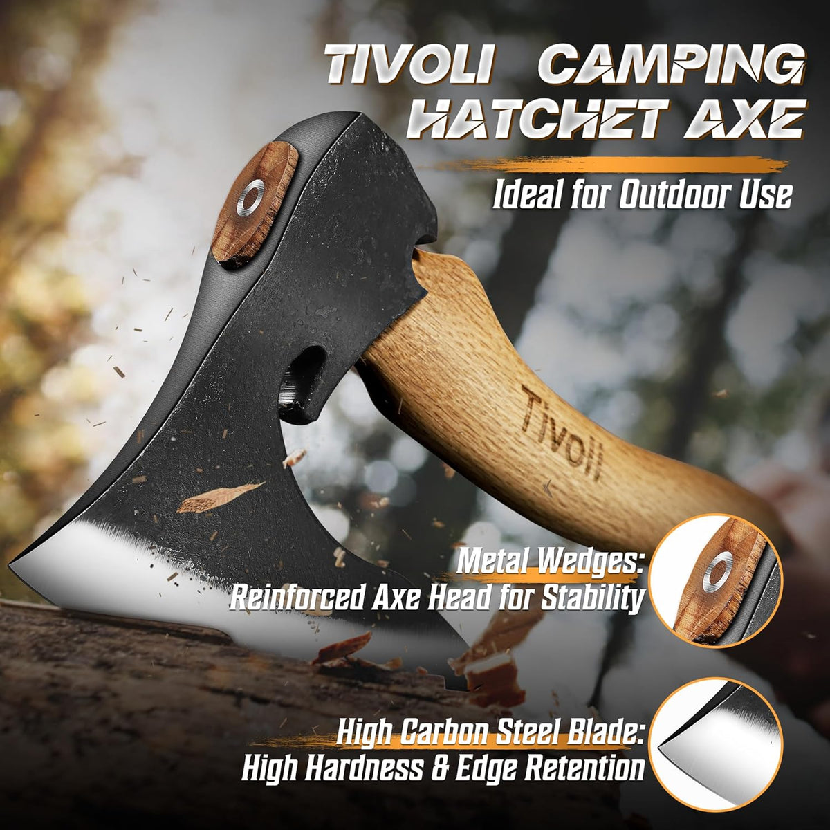 Tivoli Camping Hatchet Axe with Sheath – 16.5" High Carbon Steel Axe with Beech Wood Handle