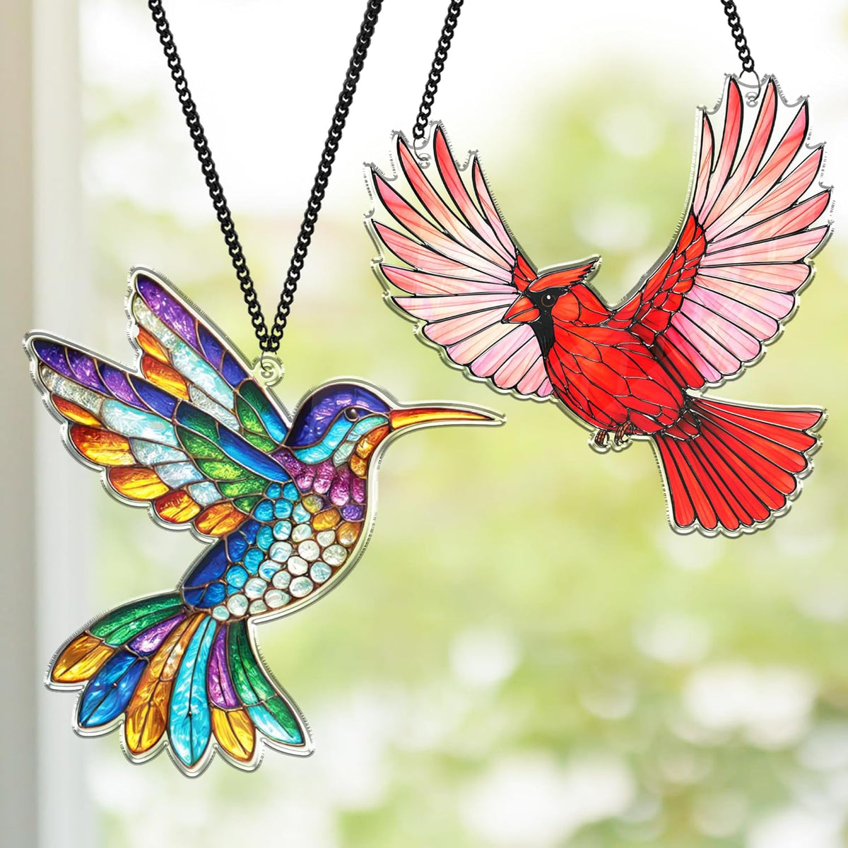 2 Cardinal Hummingbird Acrylic Suncatchers, Bird Window Hanging Ornaments, Fall Decorations for