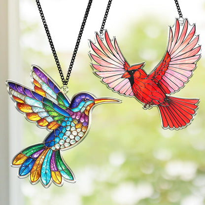 2 Cardinal Hummingbird Acrylic Suncatchers, Bird Window Hanging Ornaments, Fall Decorations for