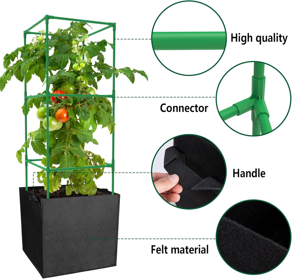 3 Packs 47 x 16 x 16 Inch Garden Tomato Cages with 17.7 Gallon Grow Bags- Square Plant Support