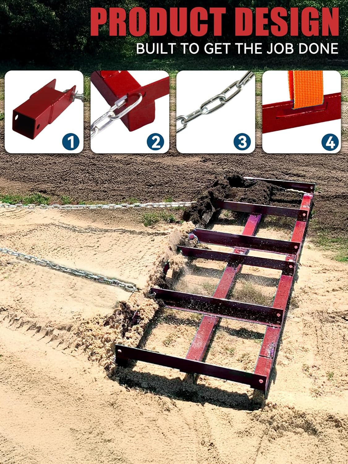 4ft Heavy Duty Drag Harrow for ATV, UTV, Tractor - Adjustable Tow Behind Leveling Rake with Weight