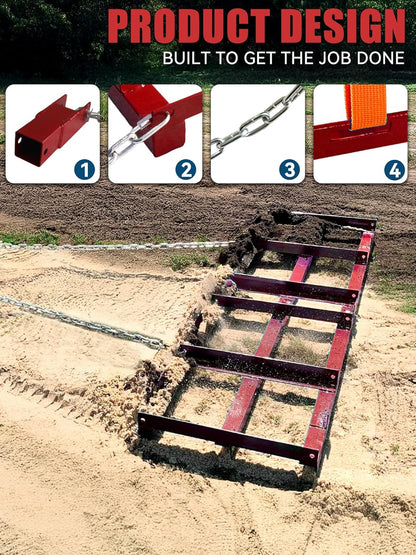 4ft Heavy Duty Drag Harrow for ATV, UTV, Tractor - Adjustable Tow Behind Leveling Rake with Weight