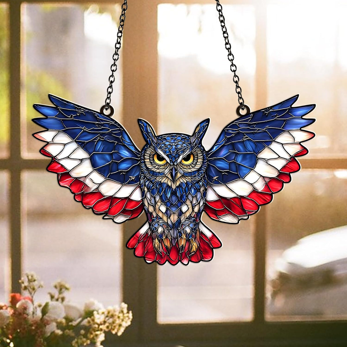 American Flag Owl Suncatcher – Acrylic Suncatcher Window Hanging – Patriotic Owl Decor for Home