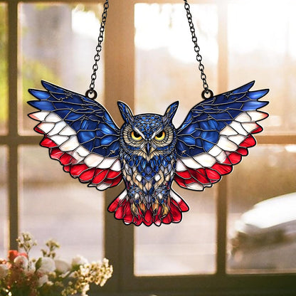 American Flag Owl Suncatcher – Acrylic Suncatcher Window Hanging – Patriotic Owl Decor for Home