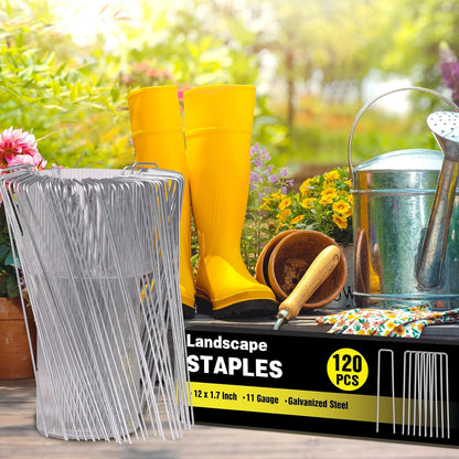 HongWay 120 Pack 12 Inch Landscape Staples, Garden Stakes 11 Gauge Galvanized Ground Staples Lawn