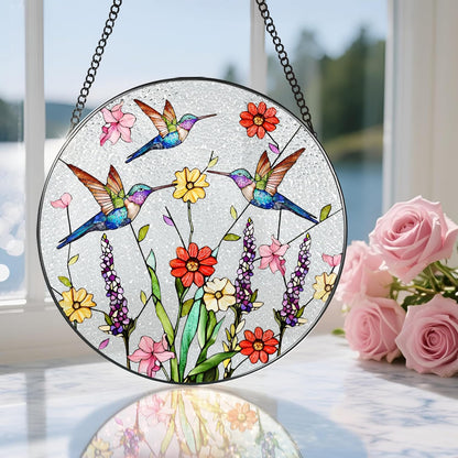 8 Inch Hummingbirds Stained Glass Suncatcher, Stained Glass Window Hanging, Window Hanging Decor