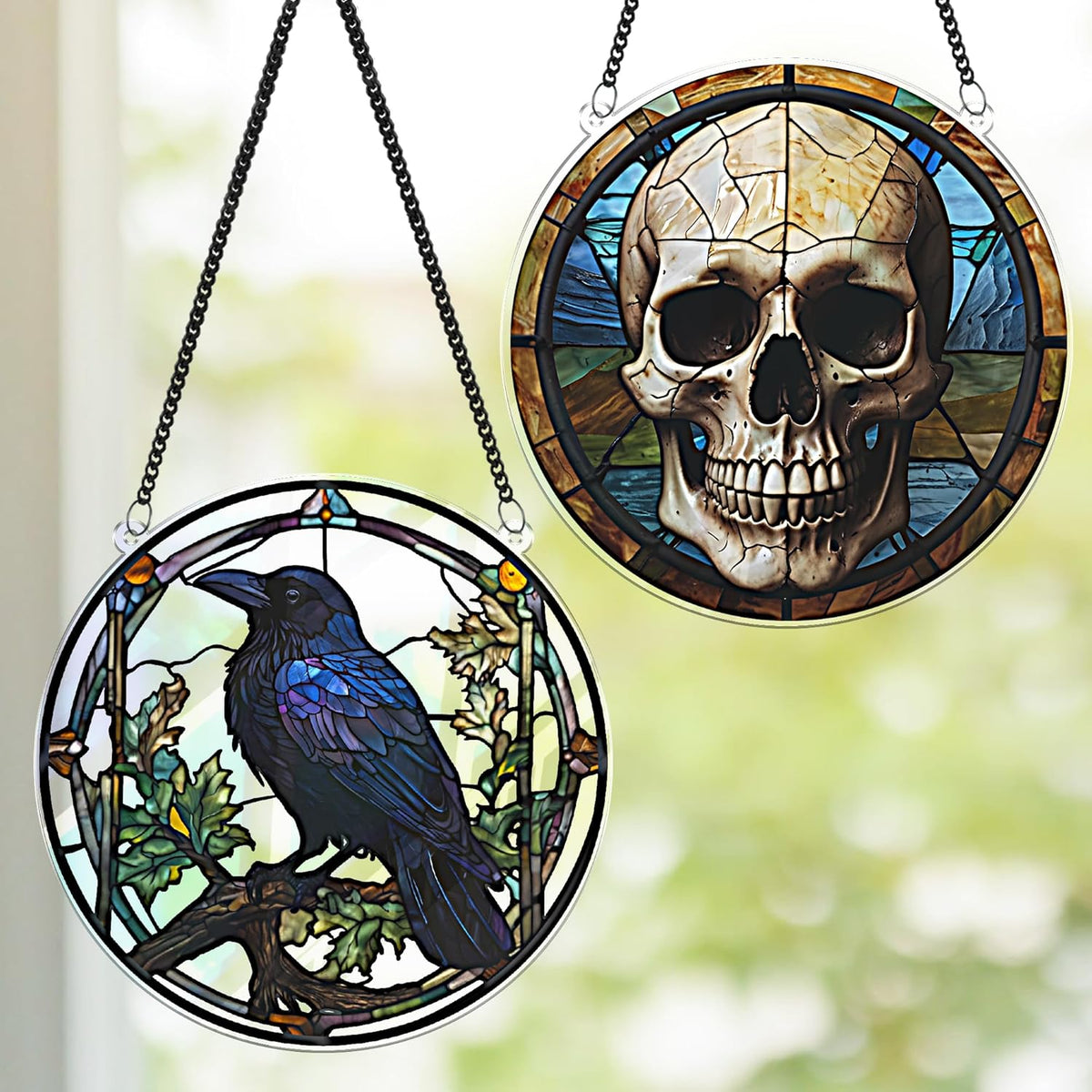 2 Halloween Raven Skull Acrylic for Window Hanging, Art Gothic Decor for Home, Indoor, Garden