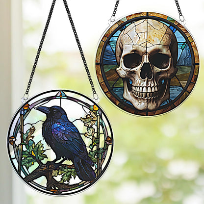 2 Halloween Raven Skull Acrylic for Window Hanging, Art Gothic Decor for Home, Indoor, Garden