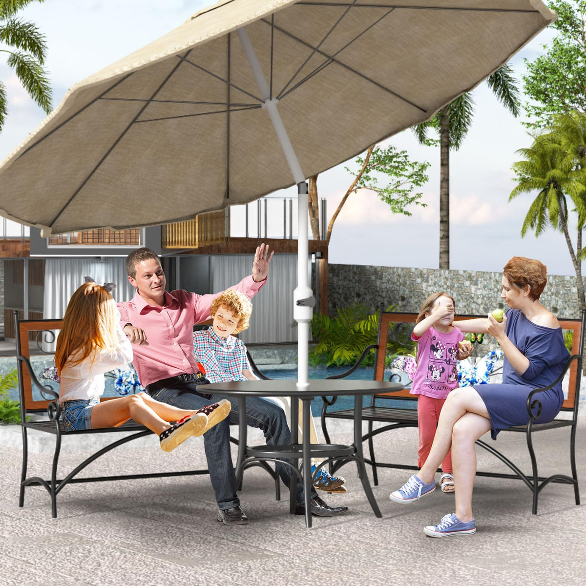 39.7" Outdoor Bench, Garden Bench, Patio Bench with Armrest, Slatted Seat and Butterfly Pattern