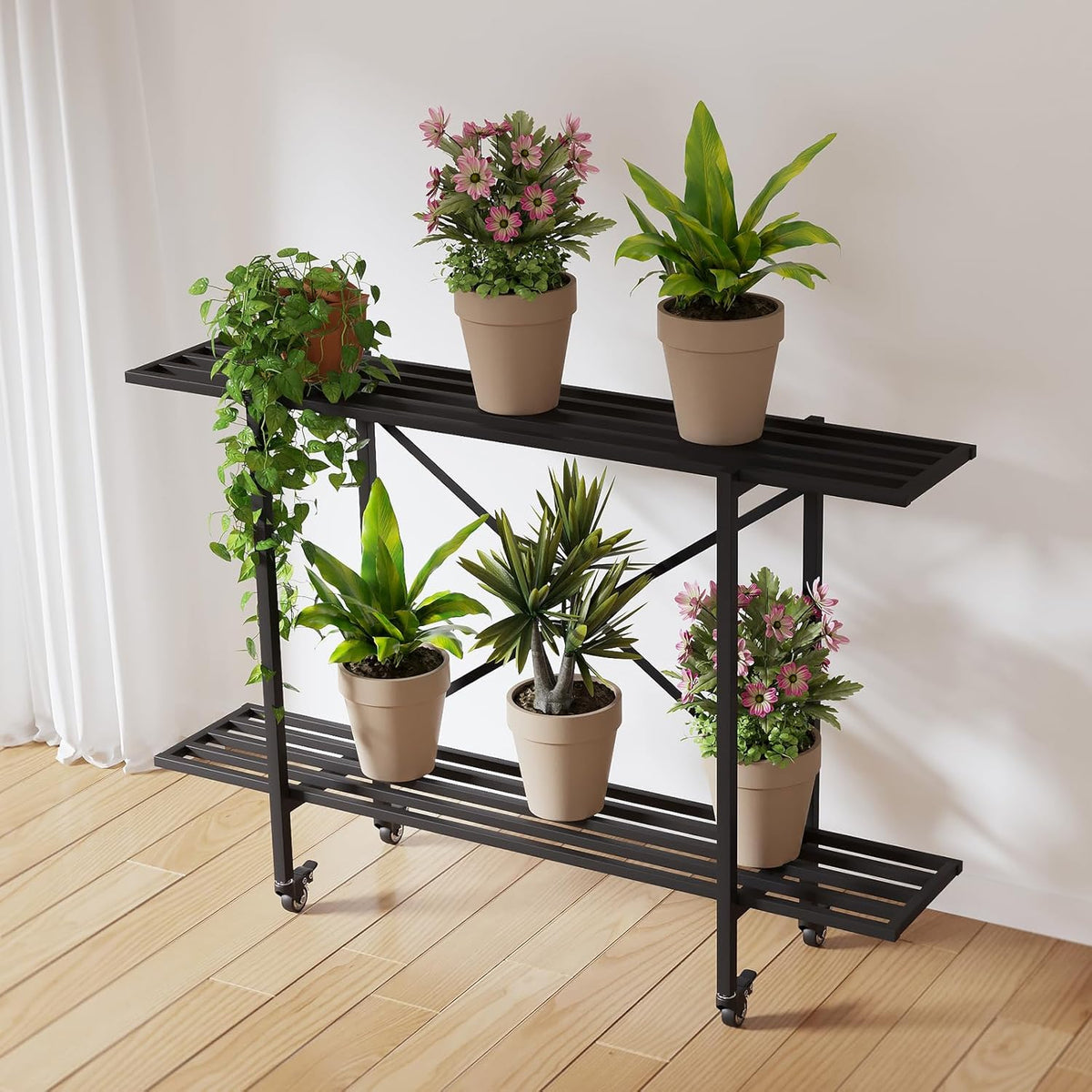 Zhongma 2 Tier Metal Sturdy Narrow Plant Stand with Wheels, Plant Stand Indoor and Outdoor, L45.67