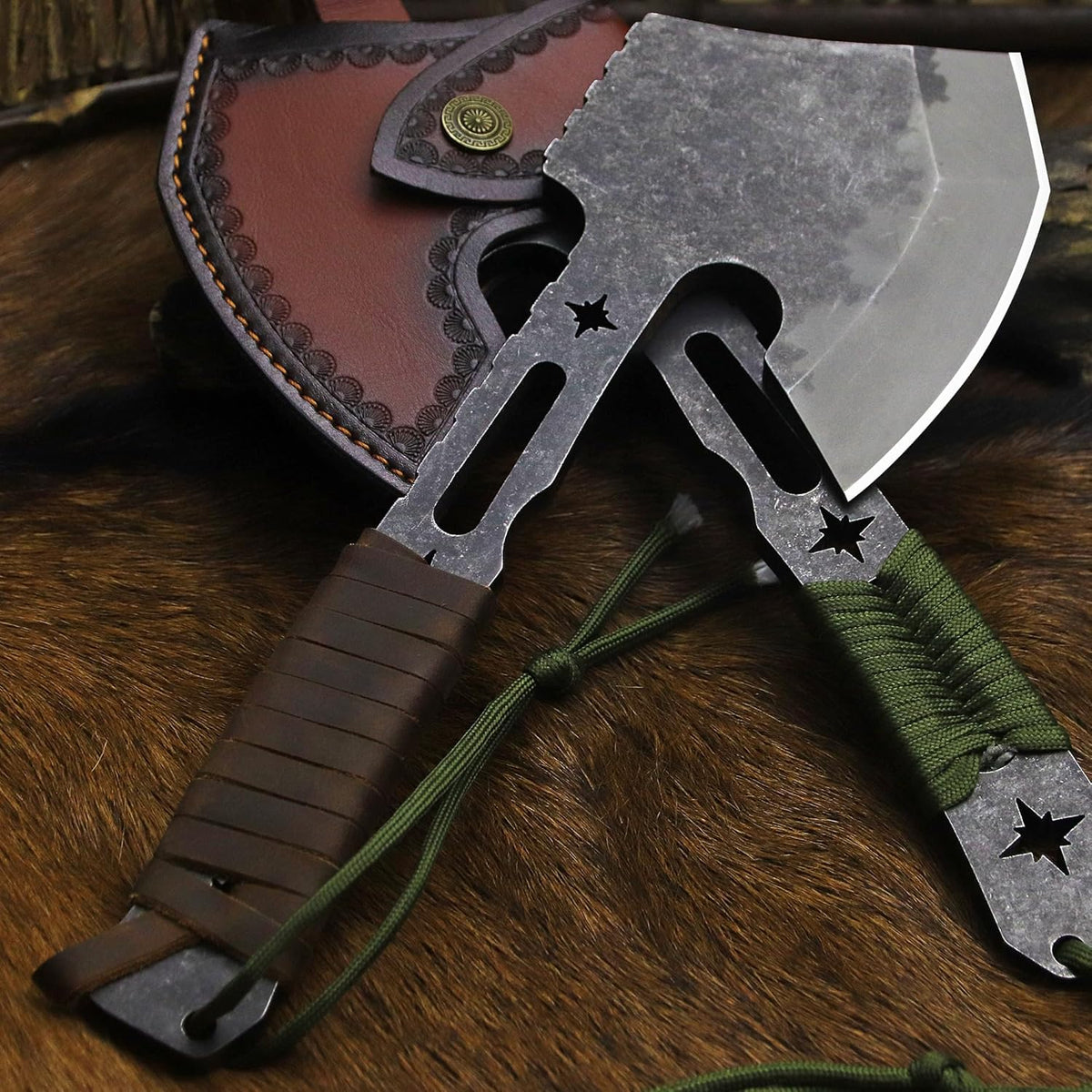 BA-KOR 12.2-inch DC53 Steel 10mm Thick Multi-Functional Survival Axe for Camping, EDC Tool, Jungle