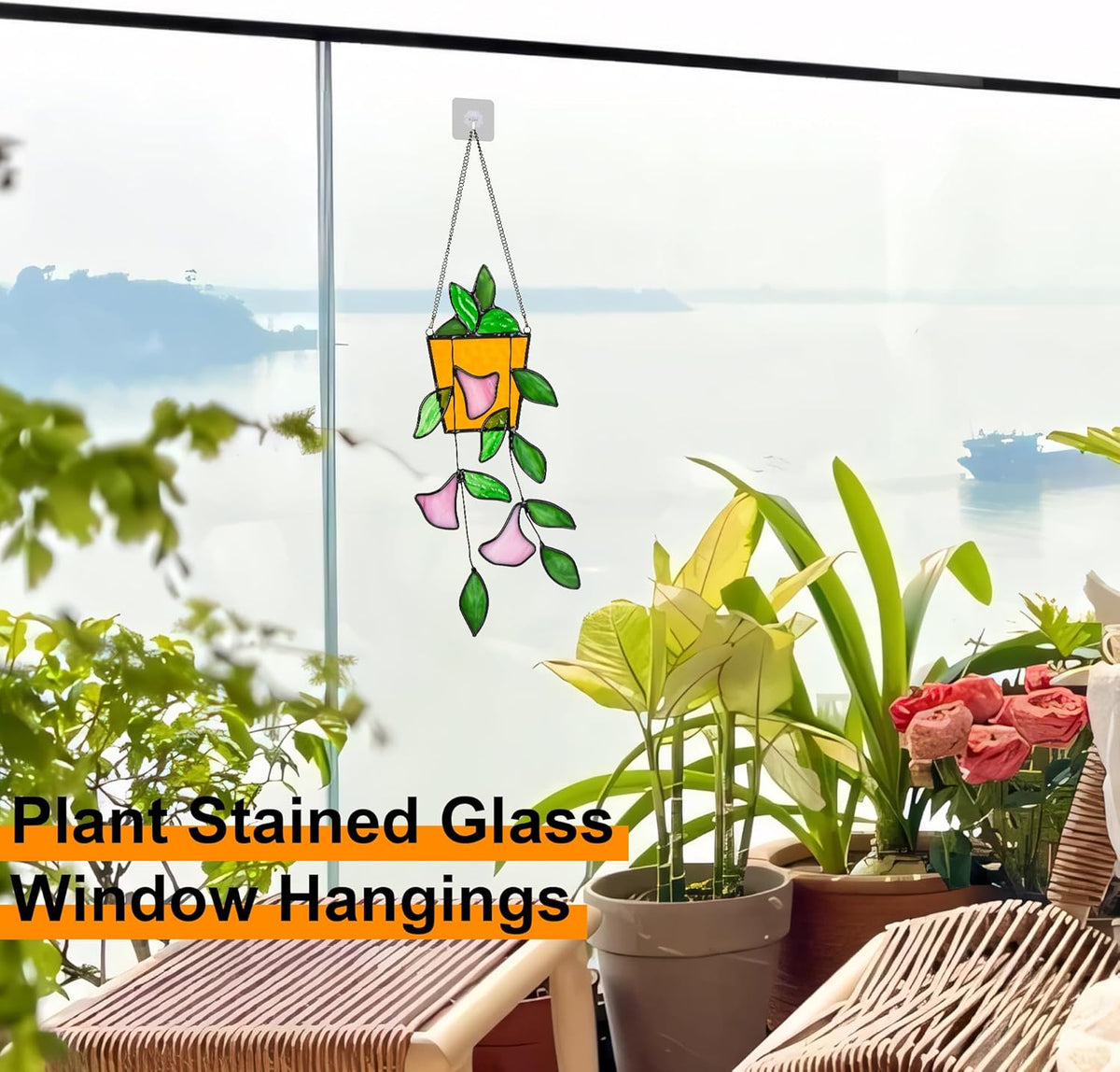 Plant Stained Glass Window Hanging, Green Leaf Morning Glory Stained Glass Suncatchers Plant
