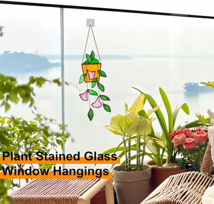 Plant Stained Glass Window Hanging, Green Leaf Morning Glory Stained Glass Suncatchers Plant