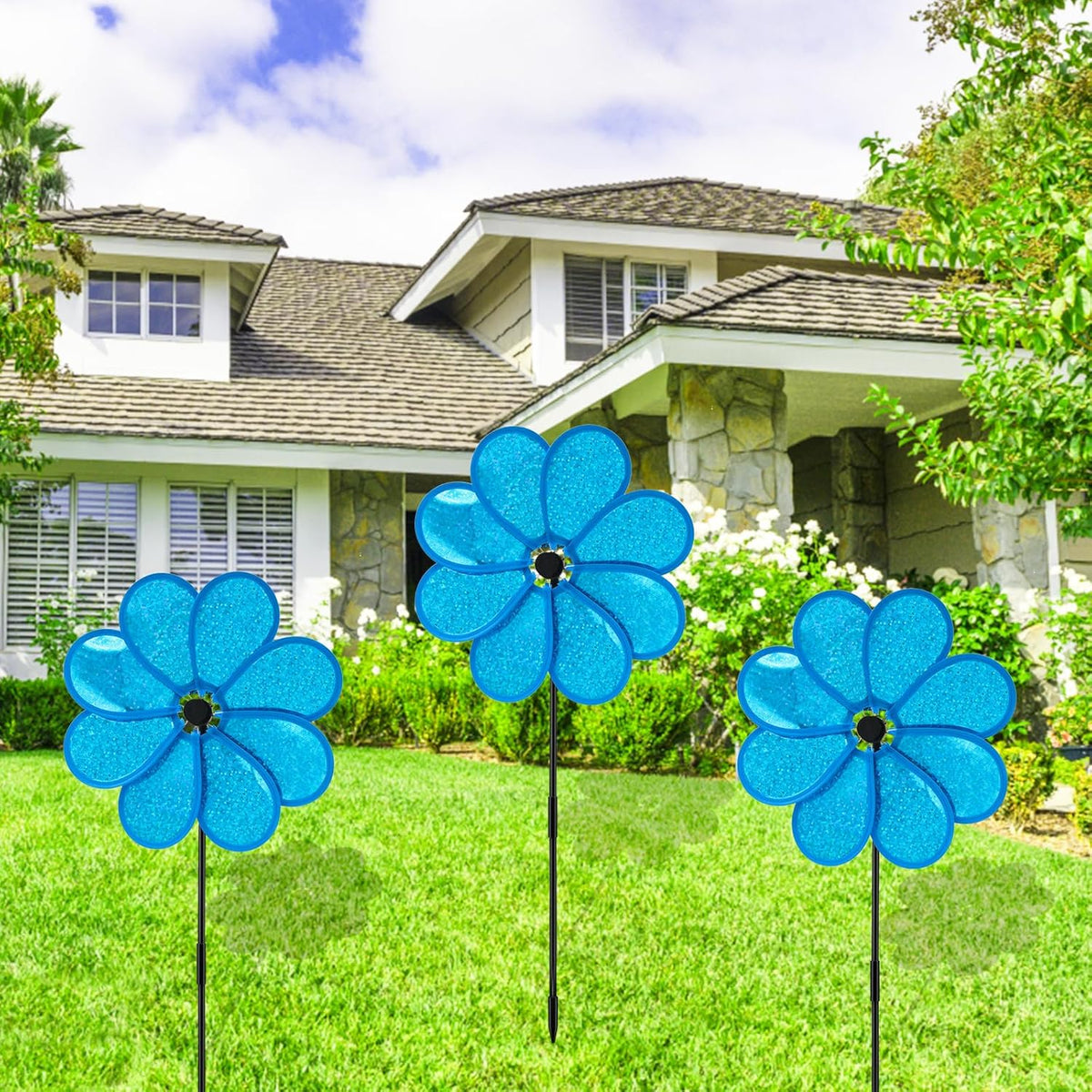 4PCS Flower Wind Spinner Sparkly Lawn Pinwheel 11.8 inch Blue Garden Windmill for Garden, Party