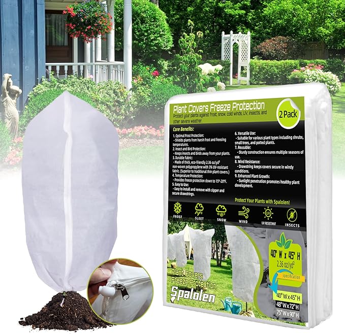 2 Pack Plant Covers Freeze Protection, 40"W x 45"H Winter Frost Blanket 2.36 oz/yd² Fabric Frost
