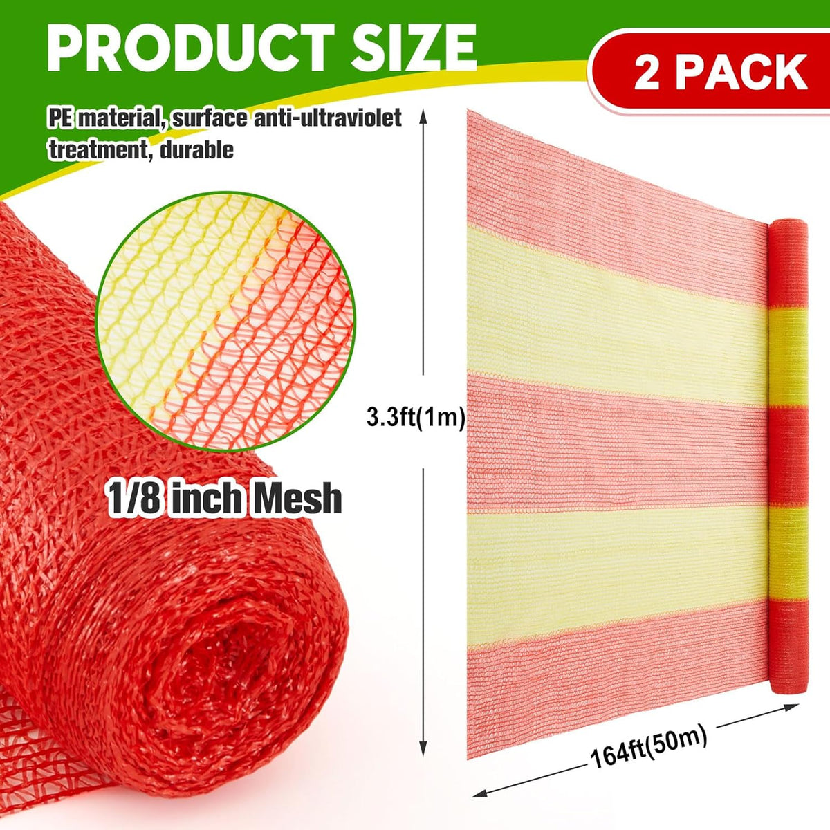 2 Rolls 3.3' x 164' Safety Construction Fence Net HDPE High Visibility Temporary Barrier Netting