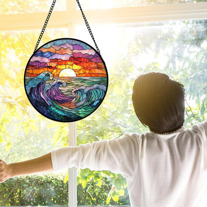 Stained Glass Window Hanging, Clouds and Sea Waves Suncatcher Diamond Glass Panel Hangings Scenery