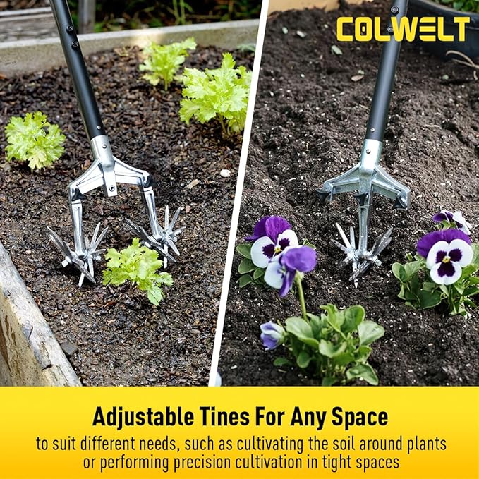 Colwelt Rotary Cultivator Garden Tool 61’’, Hand Tiller Garden Tool with Detachable Aluminum Tines