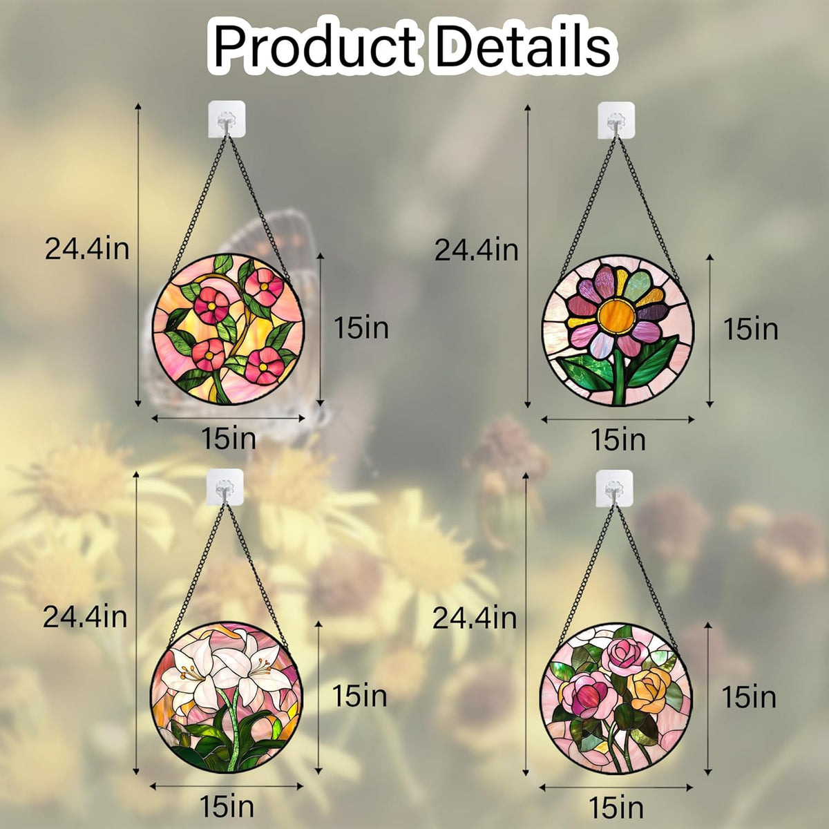 Stained Glass Window Hanging 4 Pcs Set Pink Floral Theme Large 15" - Flowers Suncatcher Door Garden