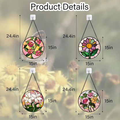 Stained Glass Window Hanging 4 Pcs Set Pink Floral Theme Large 15" - Flowers Suncatcher Door Garden